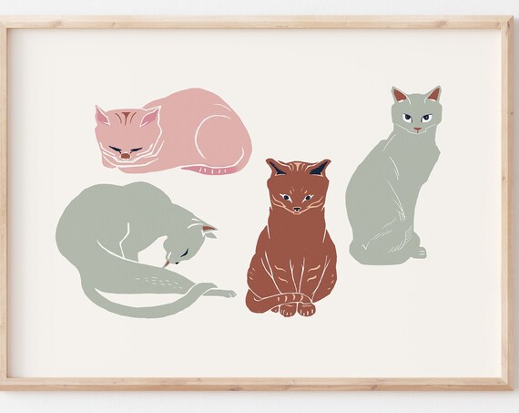 Four Adorable Pastel Cats Minimalist Kitten Nursery Wall Poster