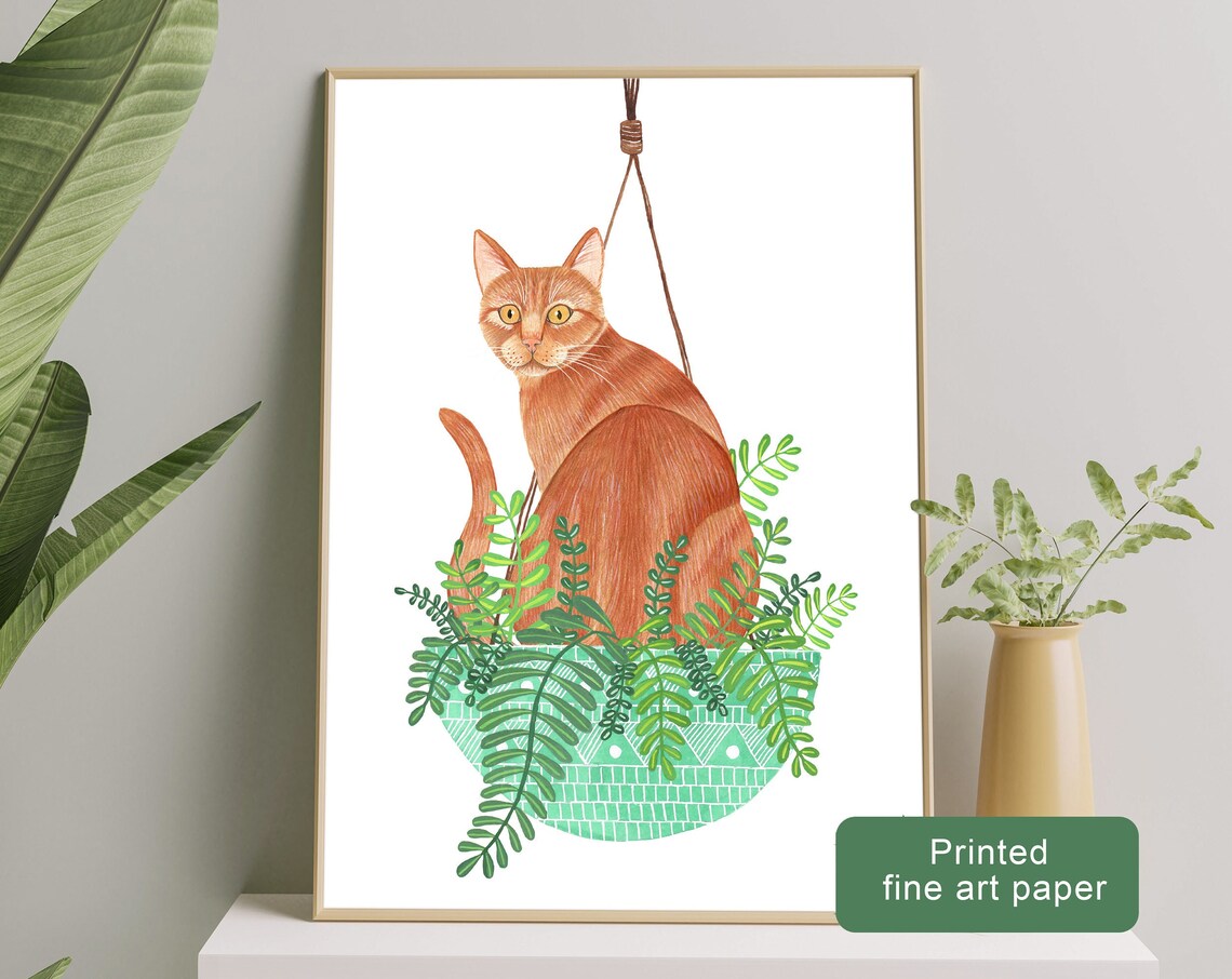 Orange Tabby Kitten in Hanging Fern Planter Watercolor Poster