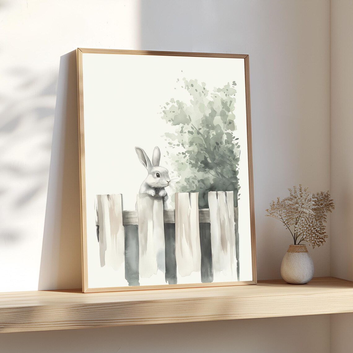 Bunny Peeking Over Picket Fence Watercolor Neutral Nursery Art Print