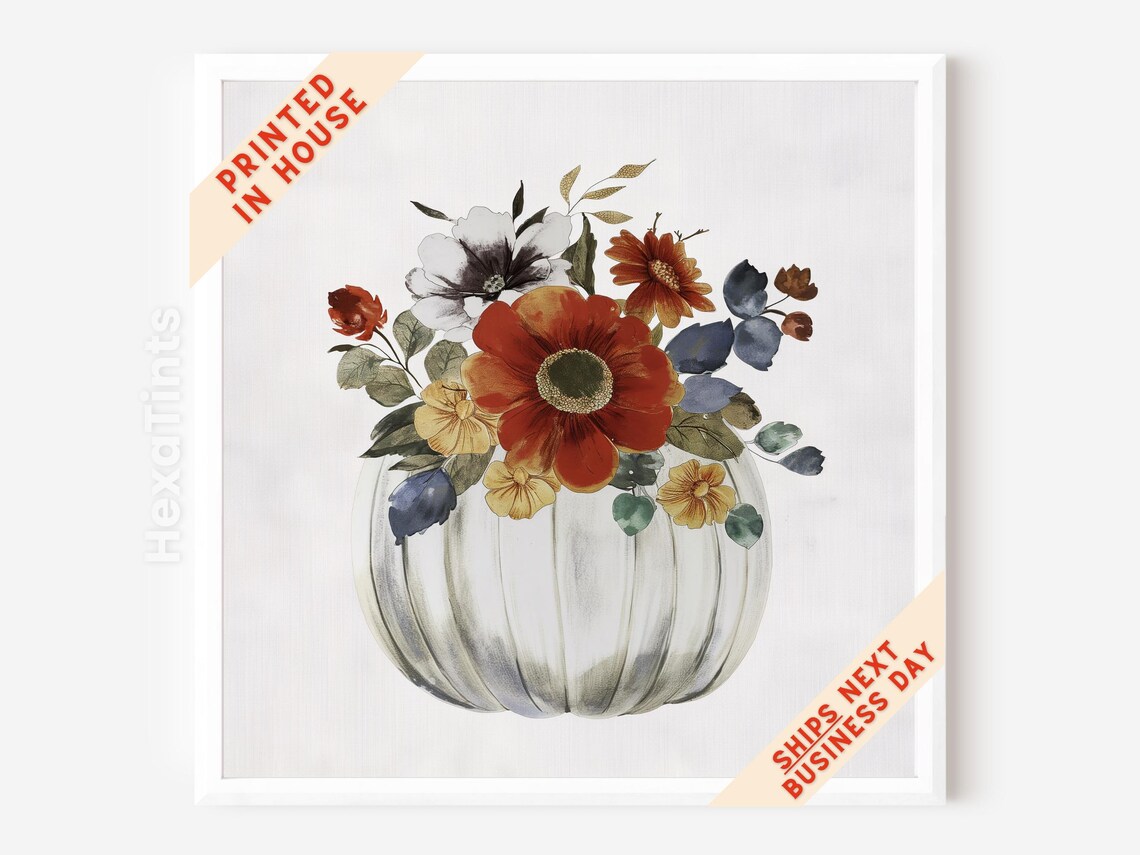 White Pumpkin Bouquet Fall Florals Watercolor Print Autumn Seasonal Wall Decor - Image 4