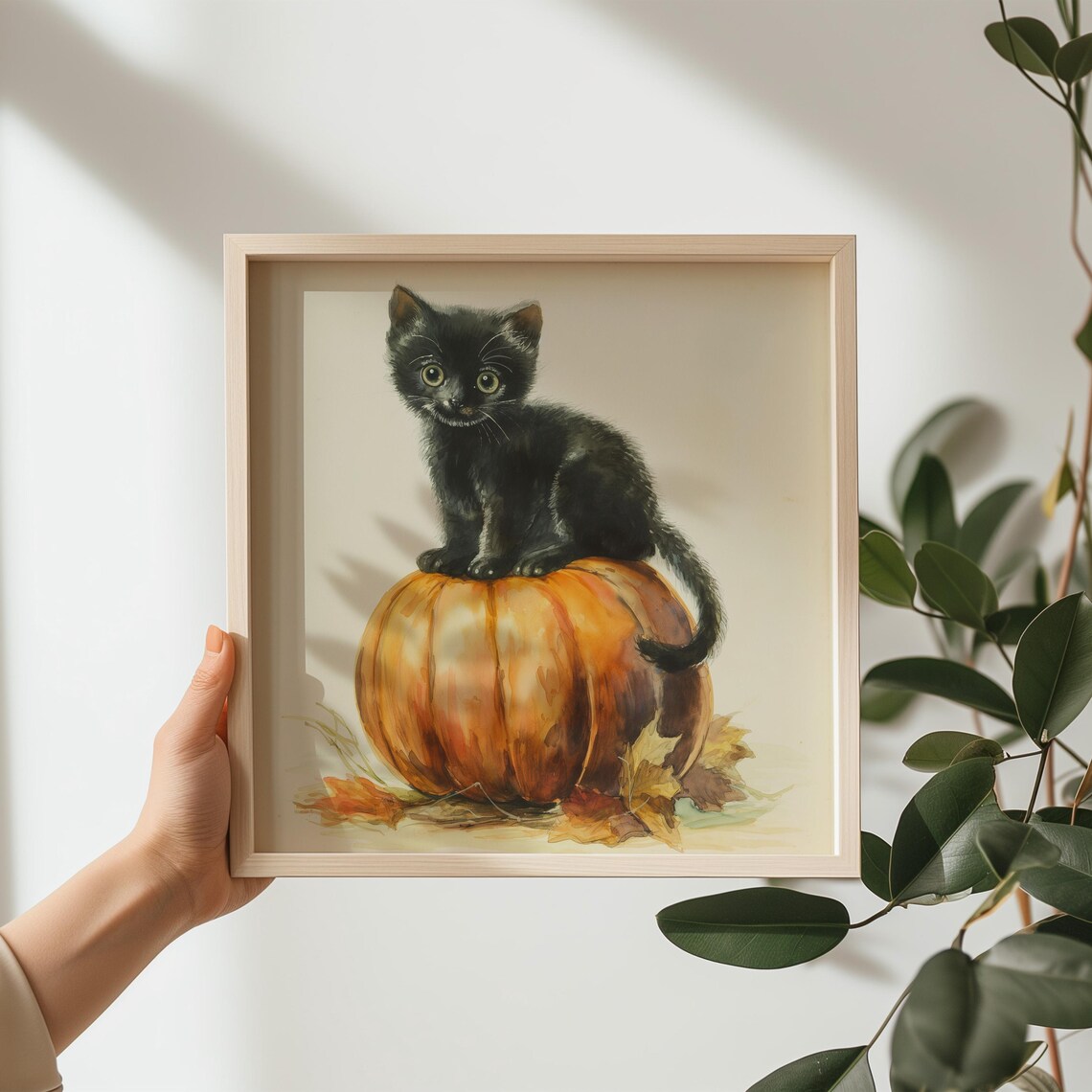 Black Kitten On Pumpkin Watercolor Cute Halloween Fall Cat Illustration Art Print - Image 3