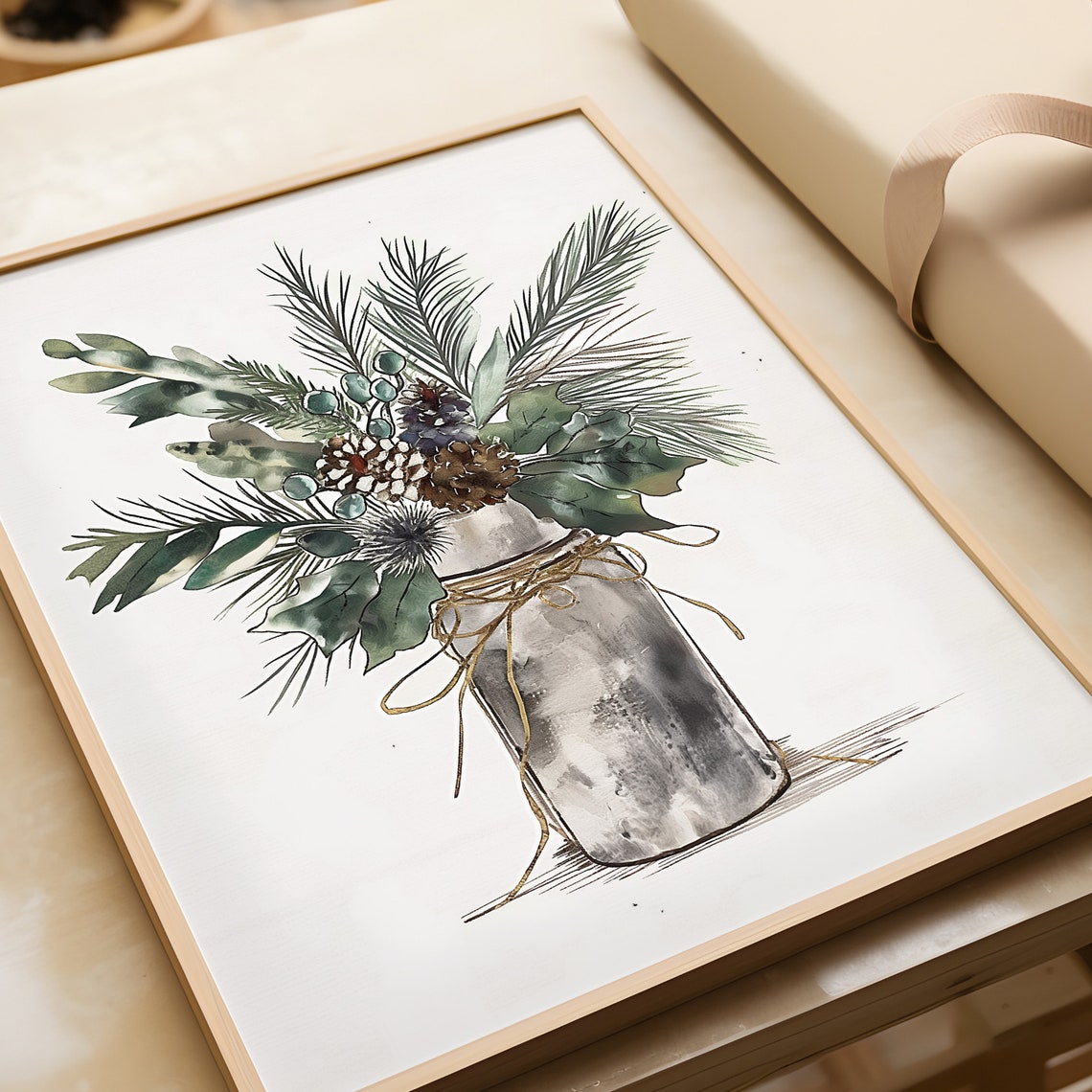 Winter Pine Bouquet Watercolor Christmas Botanical Jar Floral Print - Image 2