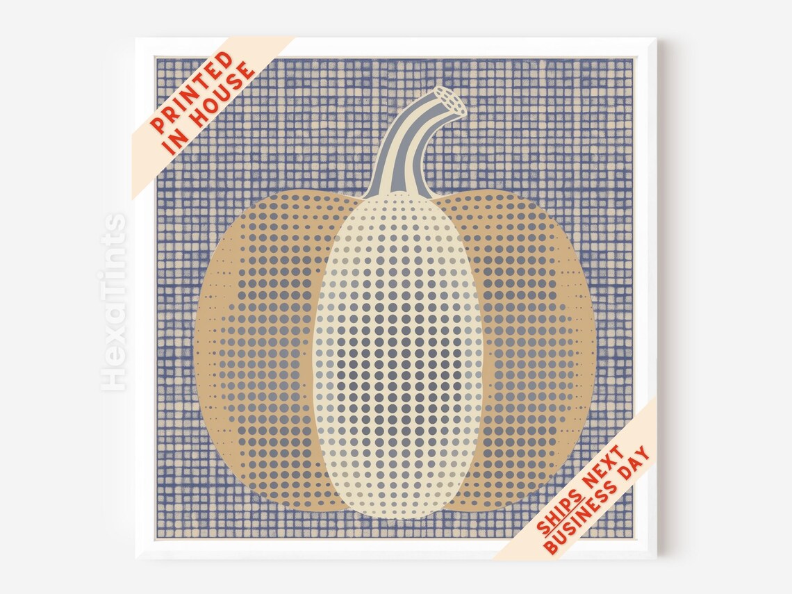 Preppy Geometric Pumpkin Modern Fall Wall Art Blue Checkered Dotted Print - Image 4