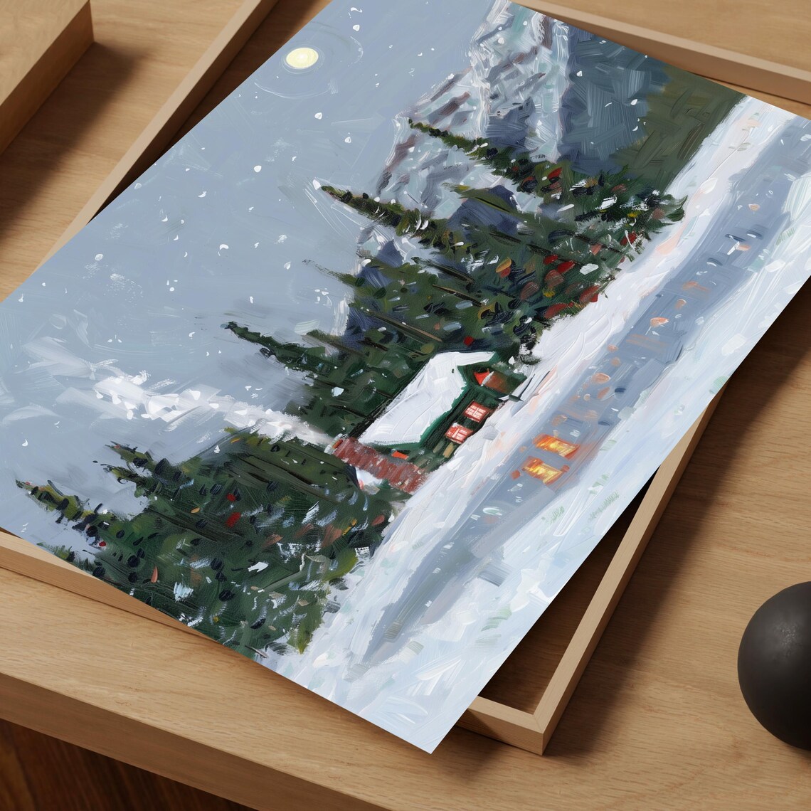 Cozy Winter Cottage Night Painting Snowy Cabin Moonlit Art Poster - Image 2