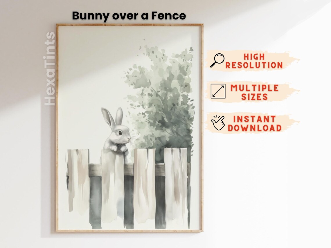 Bunny Peeking Over Picket Fence Watercolor Neutral Nursery Art Print - Image 4