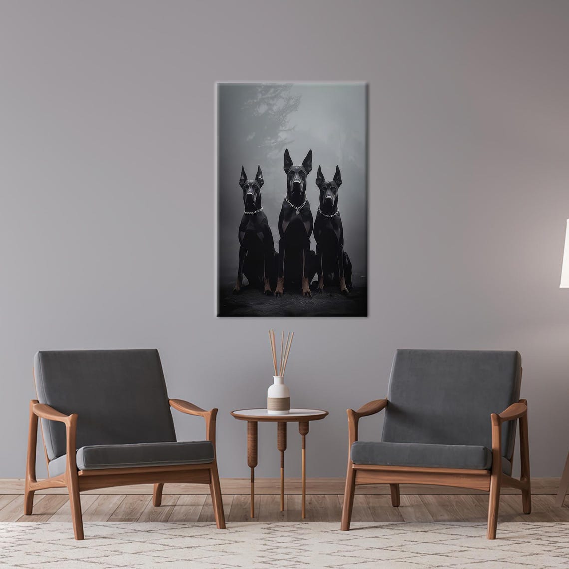 Three Black Dobermans Misty Forest Moody Dog Portrait Wall Poster