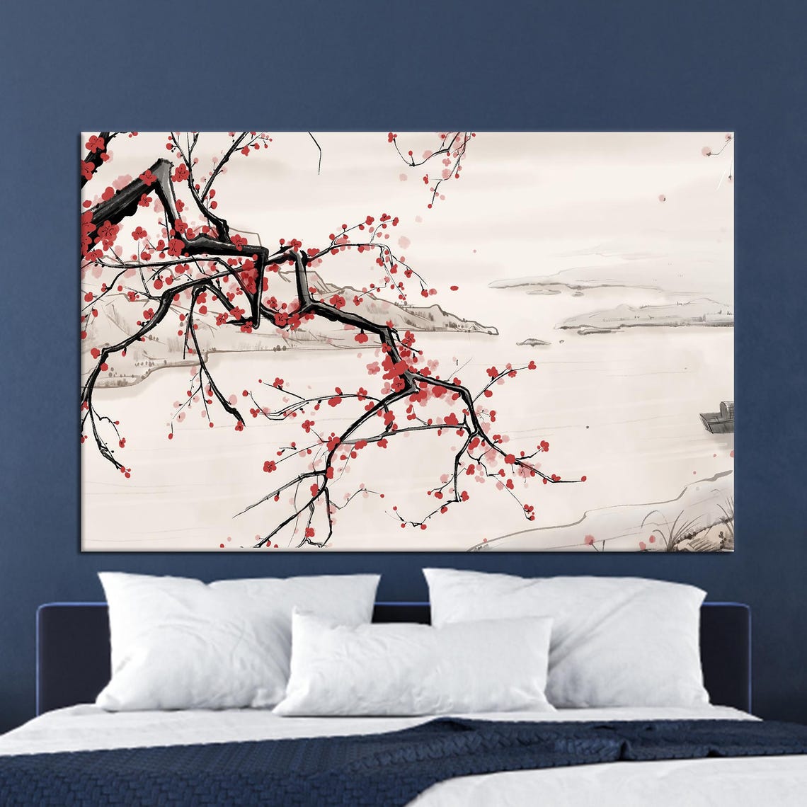 Japanese Ink Blooming Branch Red Blossom Over Lake Landscape Wall Art
