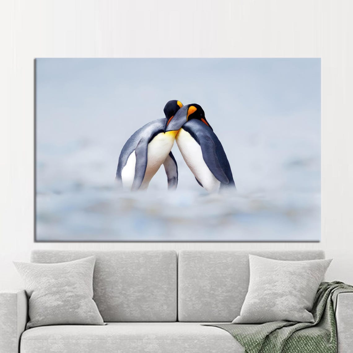 Two Penguins Nuzzling Tenderly In Soft Icy Blue Light Poster