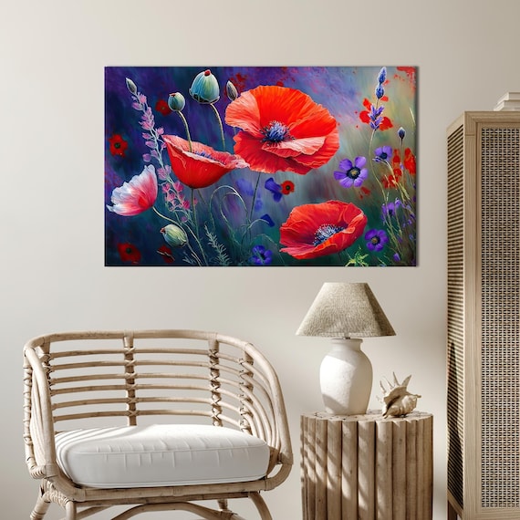 Red Poppies Wildflower Oil Painting Vivid Purple Blue Floral Poster