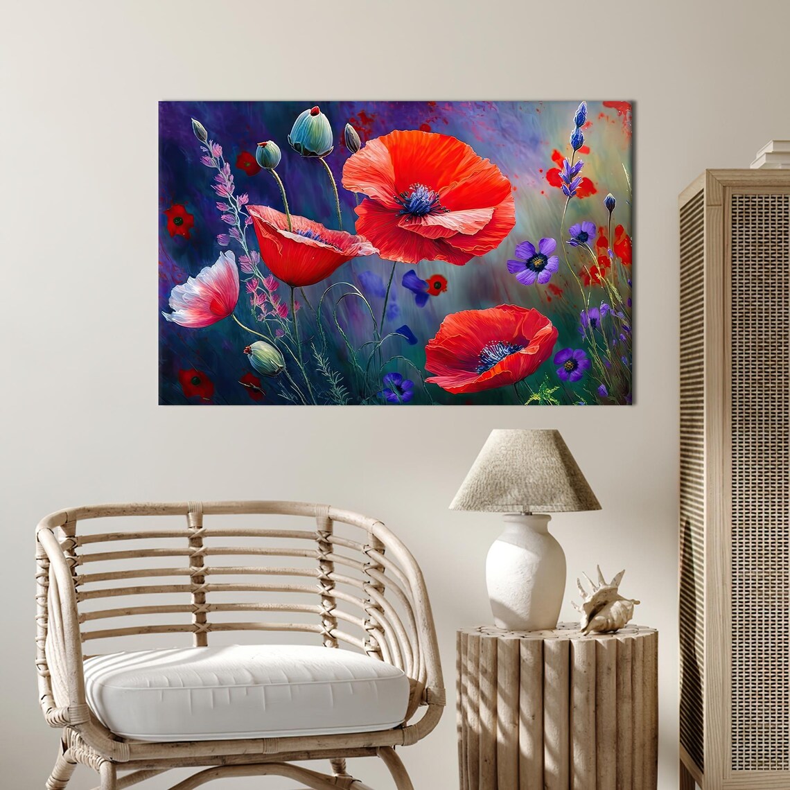 Red Poppies Wildflower Oil Painting Vivid Purple Blue Floral Poster