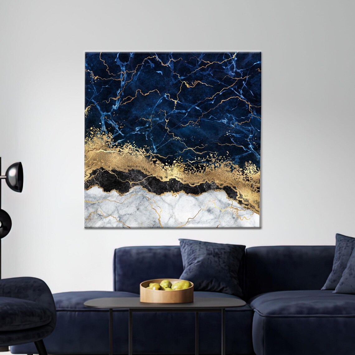 Navy Blue Gold Veined Marble Alcohol Ink Luxury Abstract Art Poster