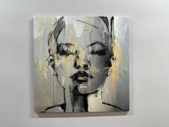 Abstract Modern Woman Face Black White And Gold Expressive Wall Art