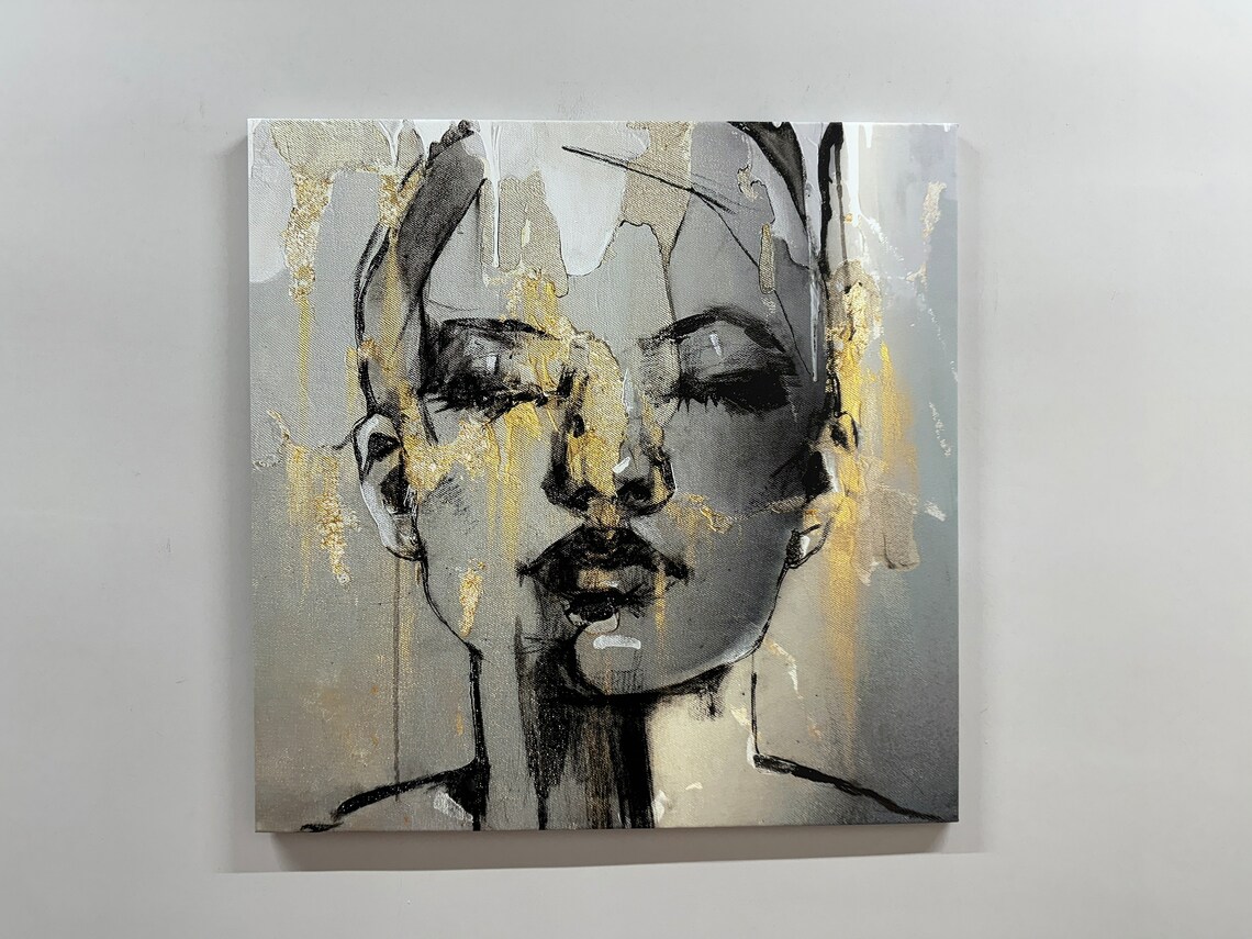 Abstract Modern Woman Face Black White And Gold Expressive Wall Art