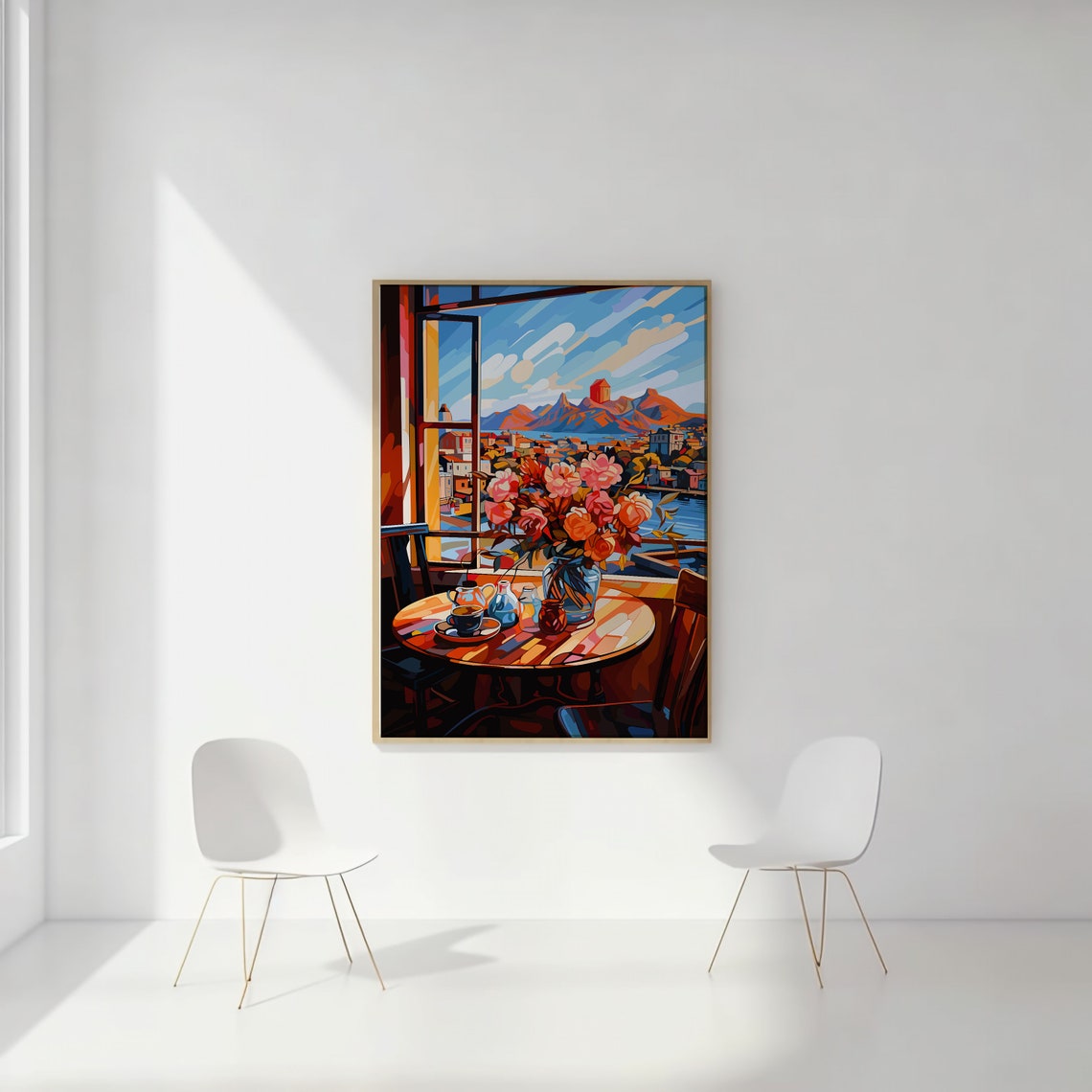 Matisse Style Open Window Flowers Coastal Town View Art Print - Image 3