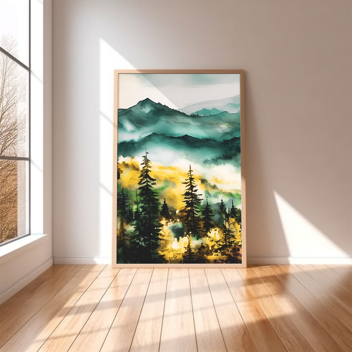 Misty Green Mountain Forest Watercolor Golden Fog Scenic Art Print - Image 2