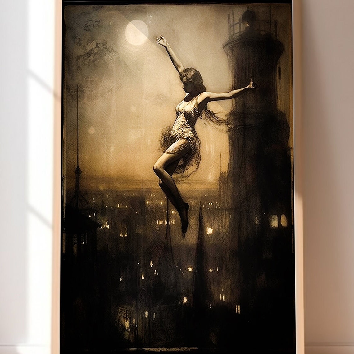 Vintage Witch Moonlit Night Flight Spooky Gothic Dark Wall Art - Image 3