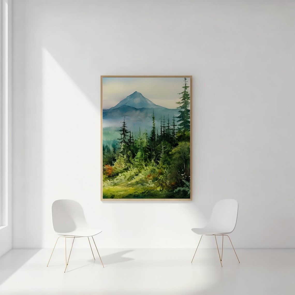 Misty Mountain Pine Forest Green Watercolor Landscape Wall Art - Image 2