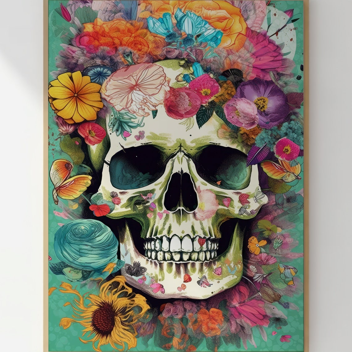 Colorful Skull with Flowers Day of the Dead Boho Gothic Art Poster - Image 3