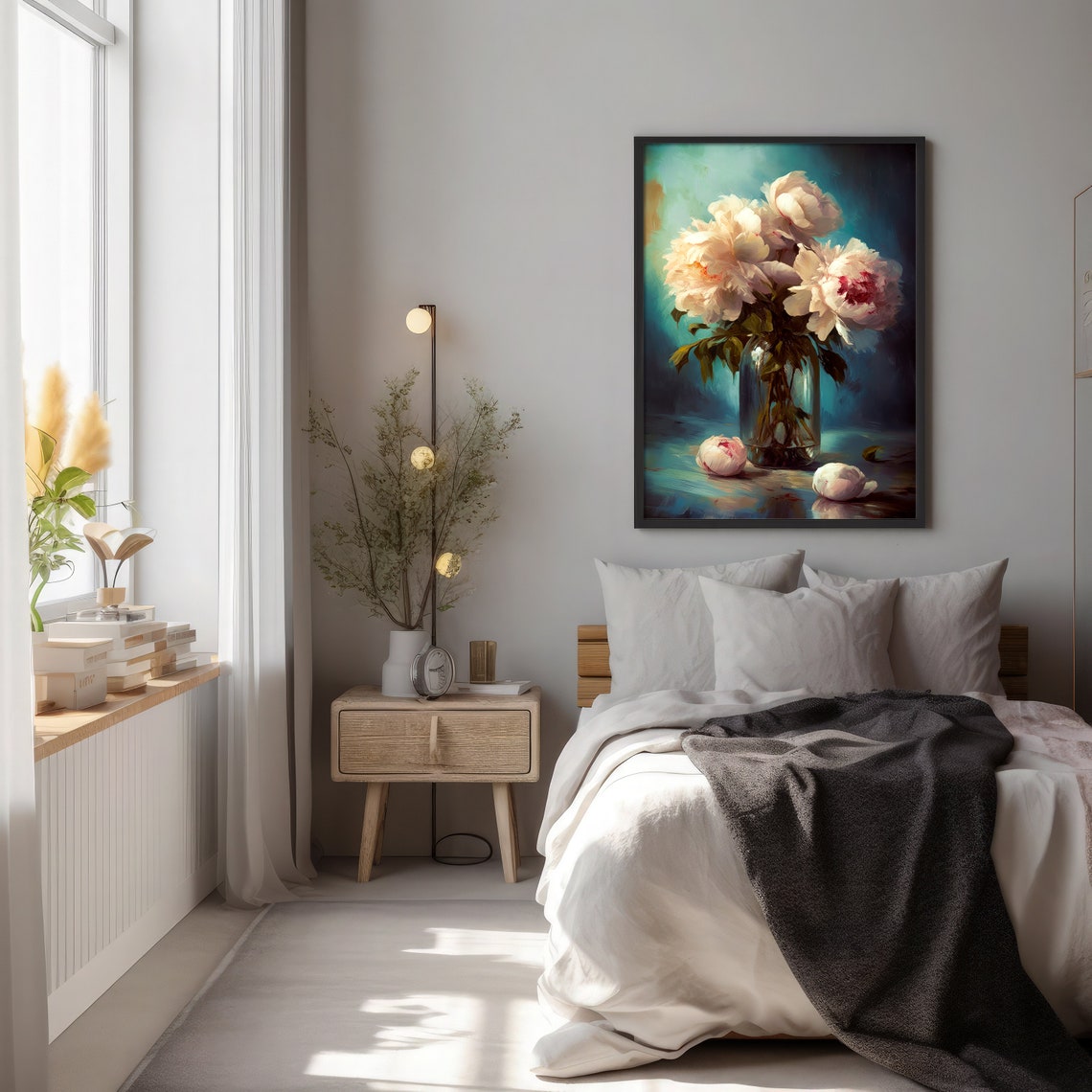 White Peonies in a Glass Vase Vintage Botanical Still Life Poster - Image 2