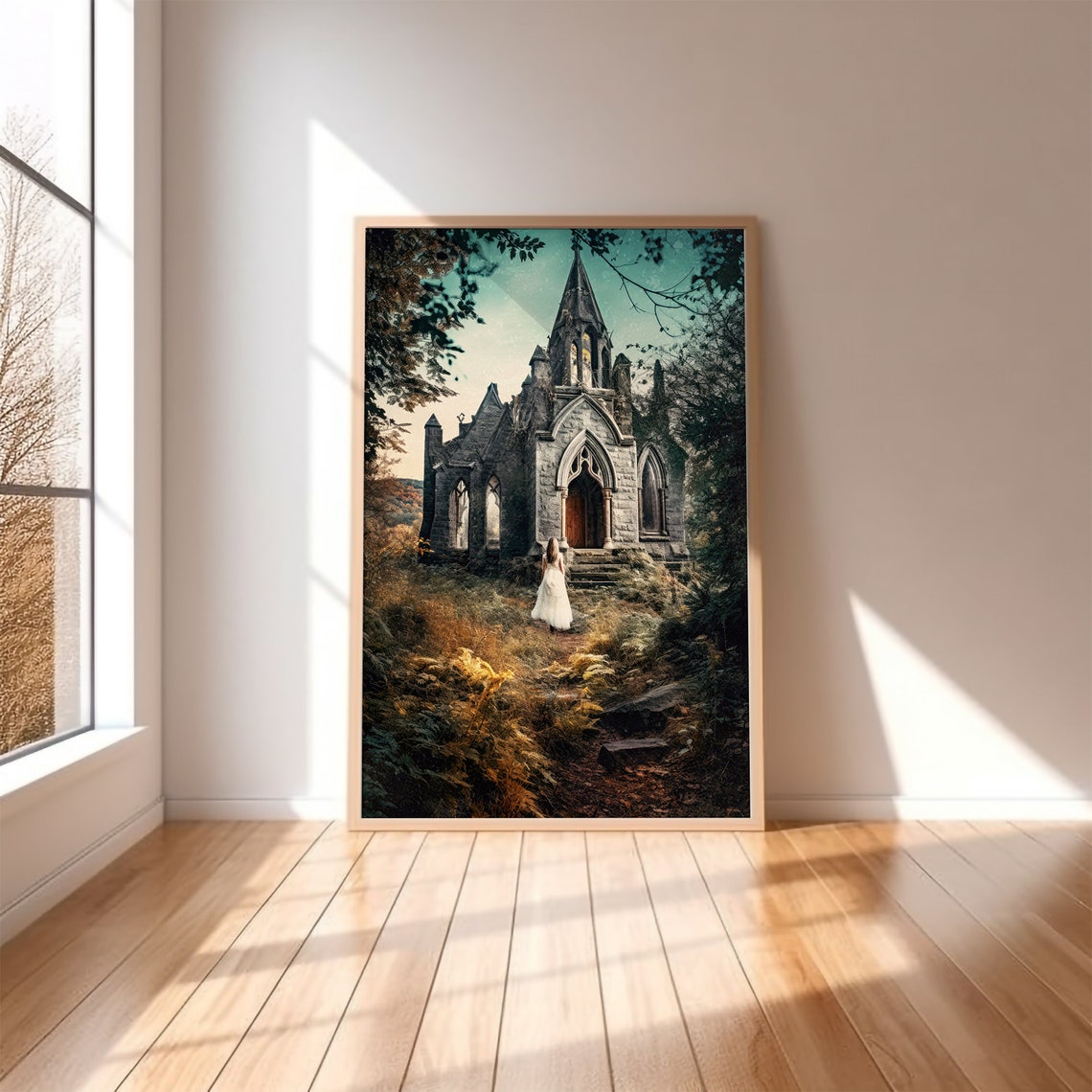 Gothic Stone Chapel Beside a Forest With Woman in White Poster - Image 2