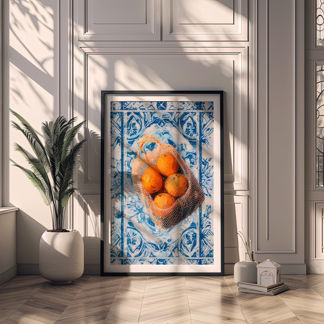 Mediterranean Oranges Mesh Bag Blue Tiles Still Life Art Print Decor - Image 2