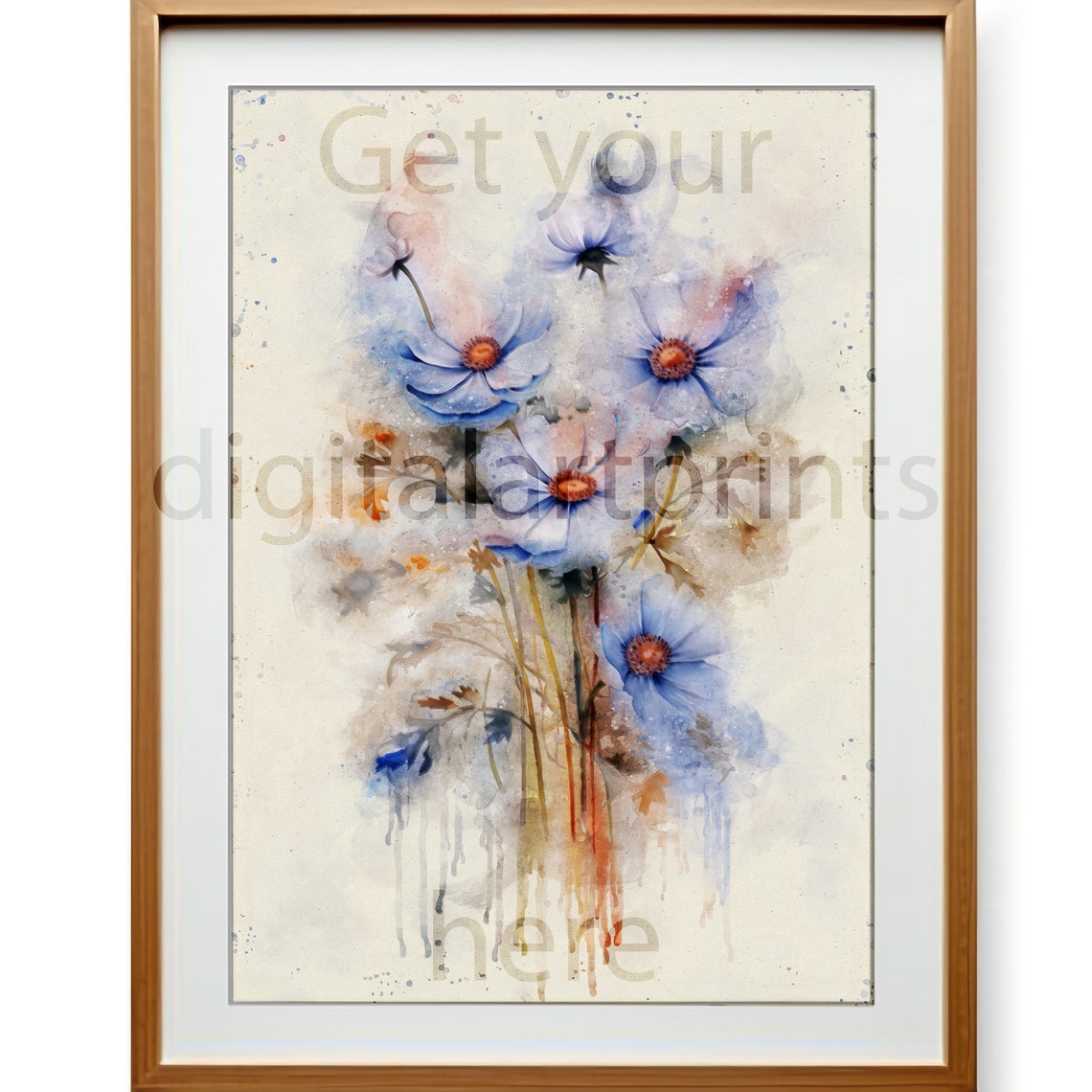 Delicate Blue Cosmos Watercolor Poster with Paint Drips on Cream Paper - Image 3