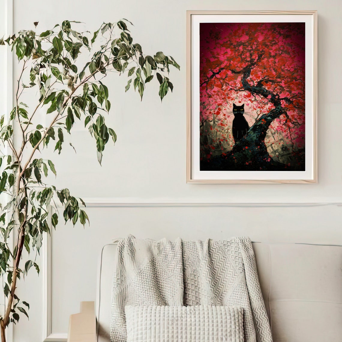 Black Cat Under Red Blossom Tree Impressionist Painting Wall Art - Image 2