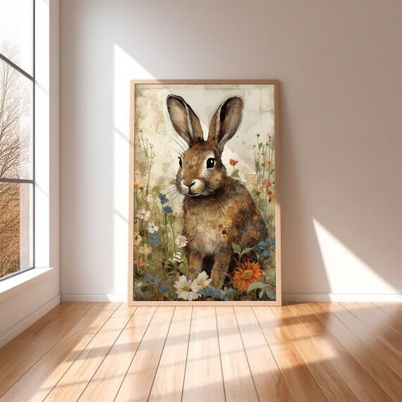 Vintage Watercolor Bunny in Wildflower Meadow Spring Art Print