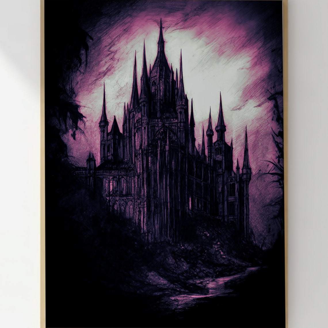 Gothic Purple Castle Silhouette Moonlight Dark Fantasy Wall Art - Image 3