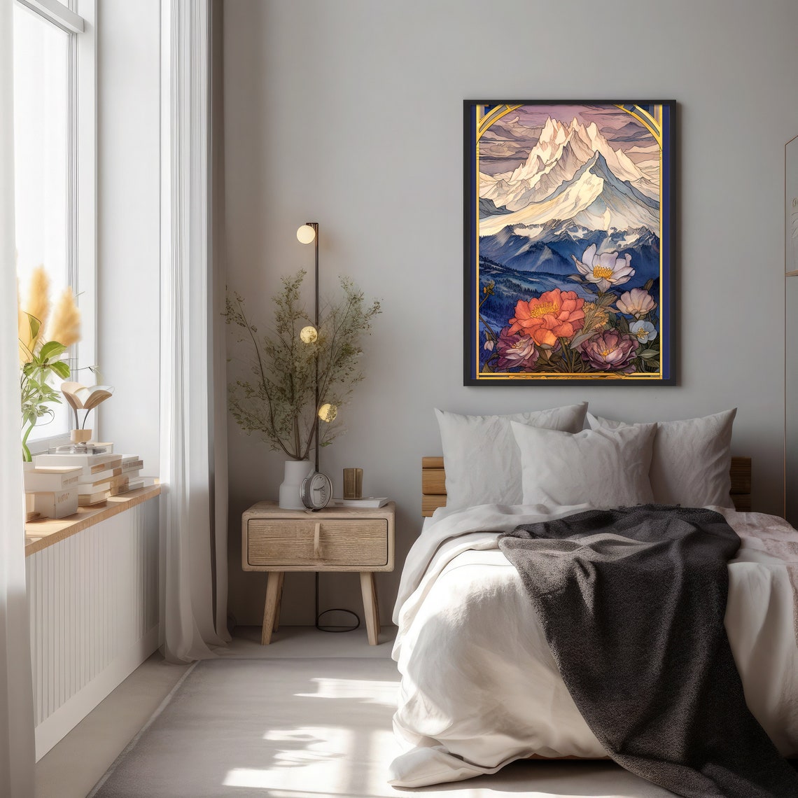 Snowy Alpine Mountain Peak Wildflower Art Nouveau Style Poster - Image 2