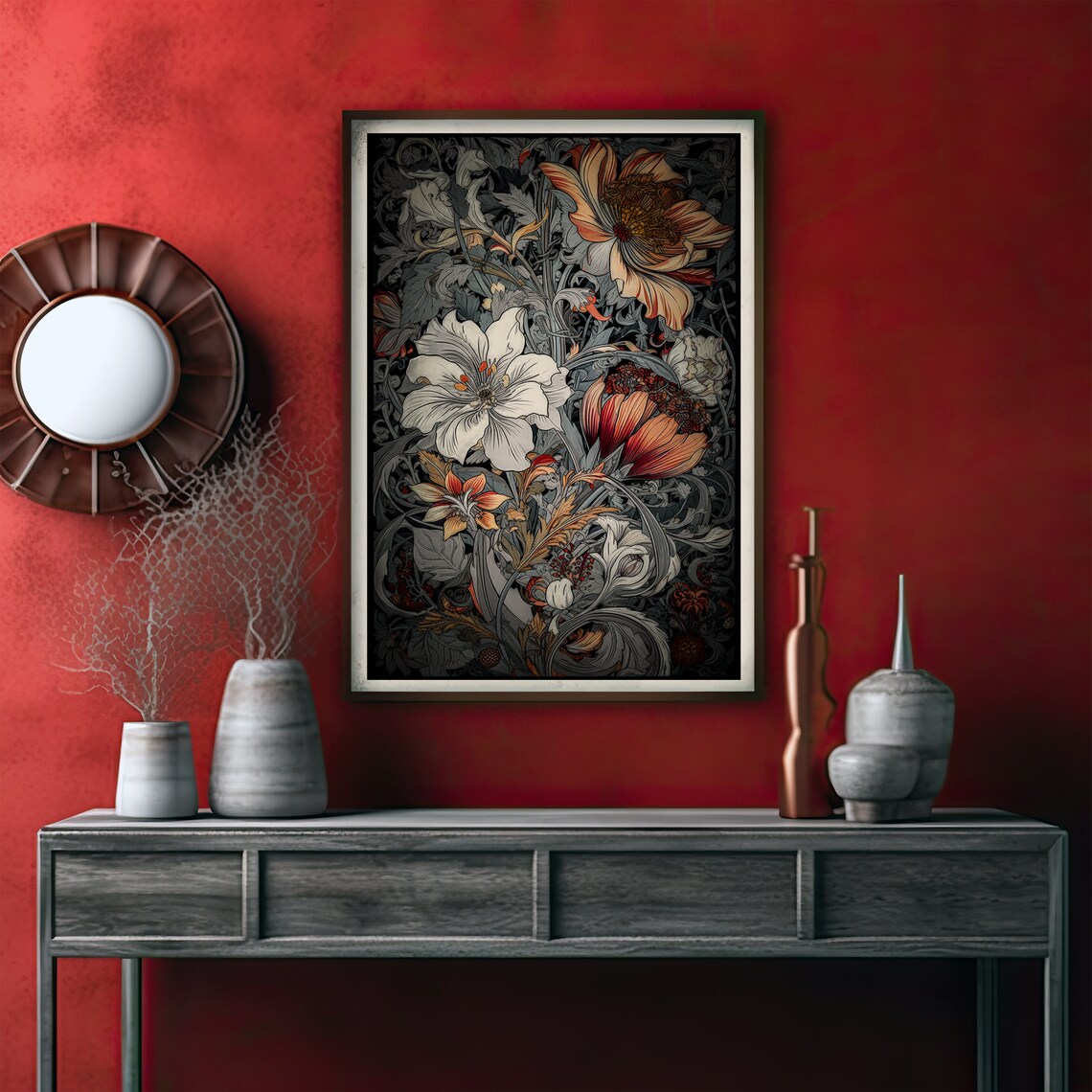 Dark Moody Botanical Hibiscus Flowers Vintage Art Nouveau Poster - Image 2