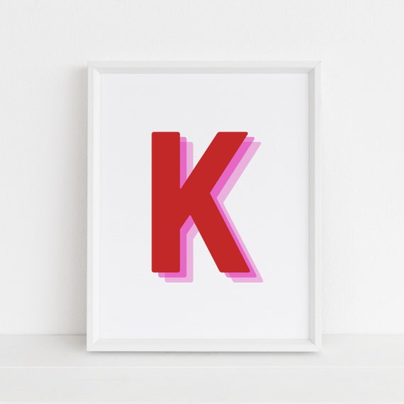 Retro 3d Letter K Print Monogram Letter Print Red And Pink Letter Initial Alphabet Print Baby Letter Art Wall Art