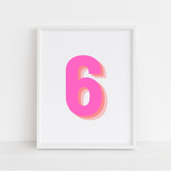 Retro 3d Number 6 Print Monogram Number Six Print Pink And Orange Number Birthday Age Print Baby Letter Art Wall Art