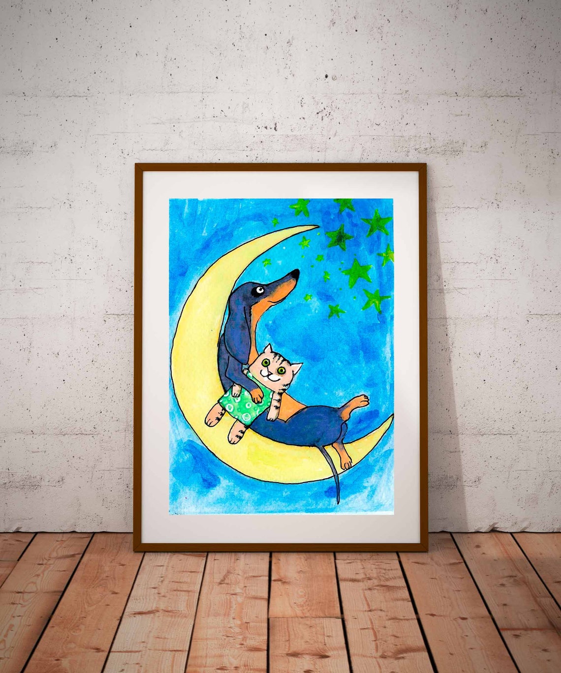 Dachshund and Kitten on Moon Crescent Starry Night Nursery Art Poster
