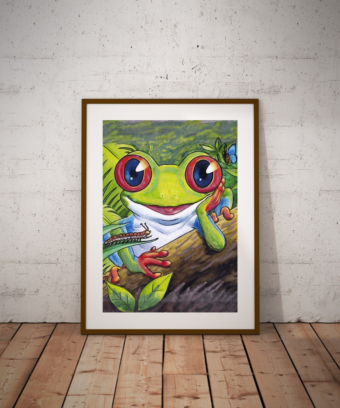 Red Eyed Tree Frog Cartoon Colorful Watercolor Kids Room Poster