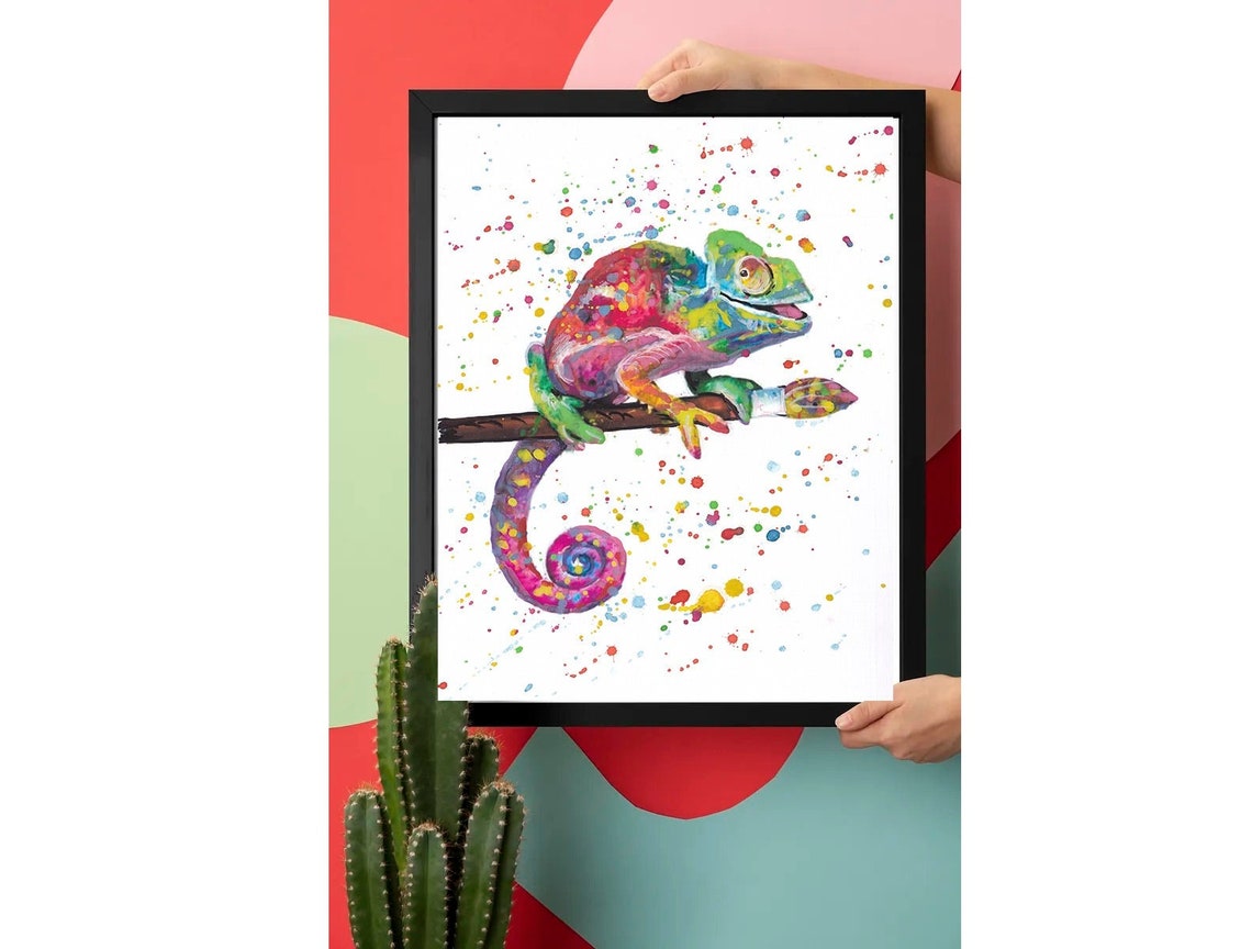 Colorful Panther Chameleon On Branch Watercolor Splash Art Poster