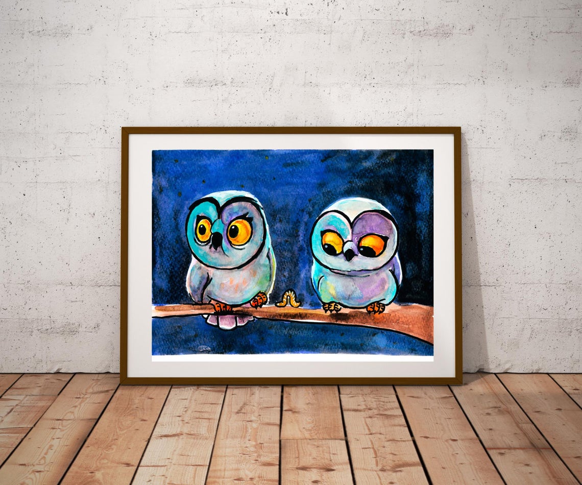 2 Owls Print Nursery Print Owl Poster Kids Room Print Funny Owl Handmade Owl Print Art Poster Handmade Animal Print Family Gift