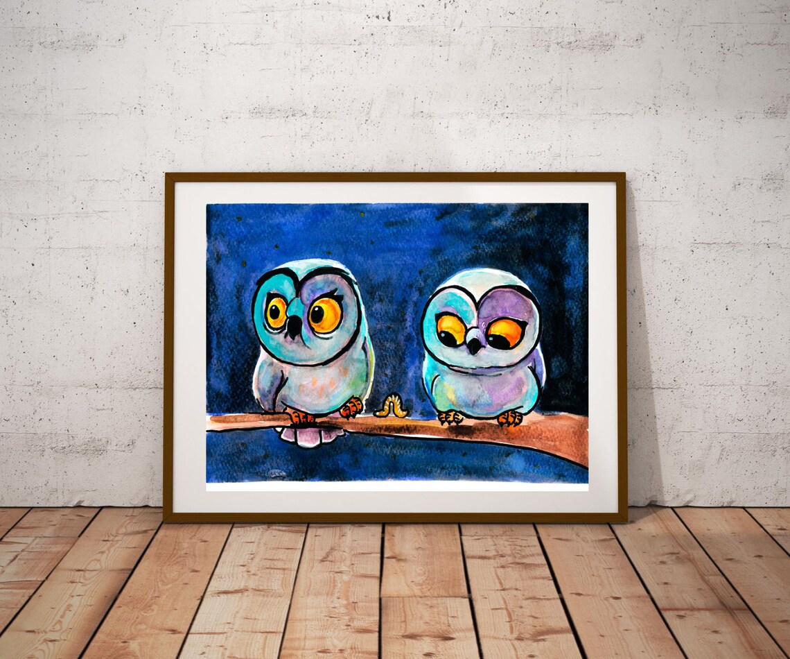 Two Cute Cartoon Owls On Branch At Night Watercolor Animal Art Poster