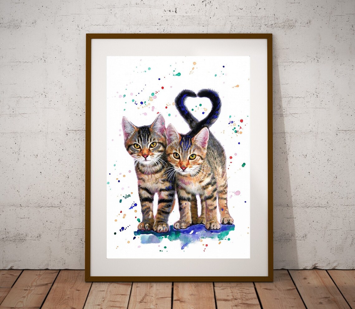 Two Tabby Kittens With Heart Tail Colorful Watercolor Poster