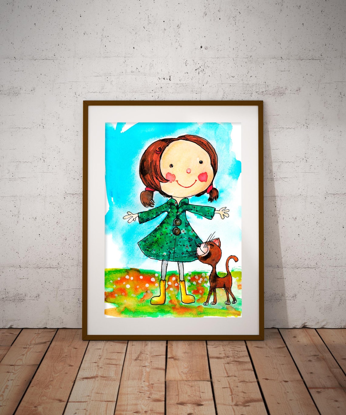 Cat Print Girl Poster Nursery Print Girl And Cat Drawing Watercolor Poster Kids Room Girl Print Playroom Decor Baby Room Animal Print