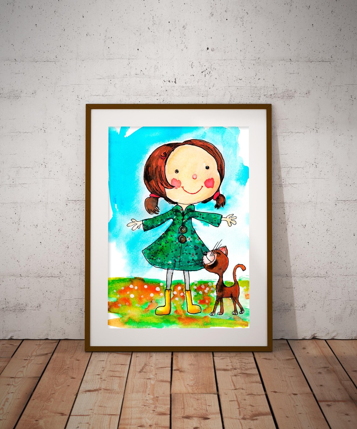 Little Girl With Ginger Cat Sweet Watercolor Nursery Art Poster