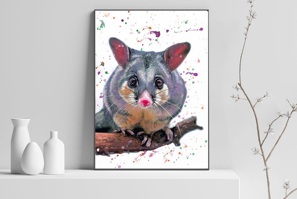Brushtail Possum On Branch Cute Watercolor Wildlife Animal Art Poster