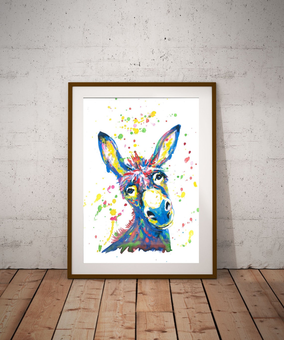 Rainbow Donkey Face Colorful Watercolor Splatter Whimsy Wall Art