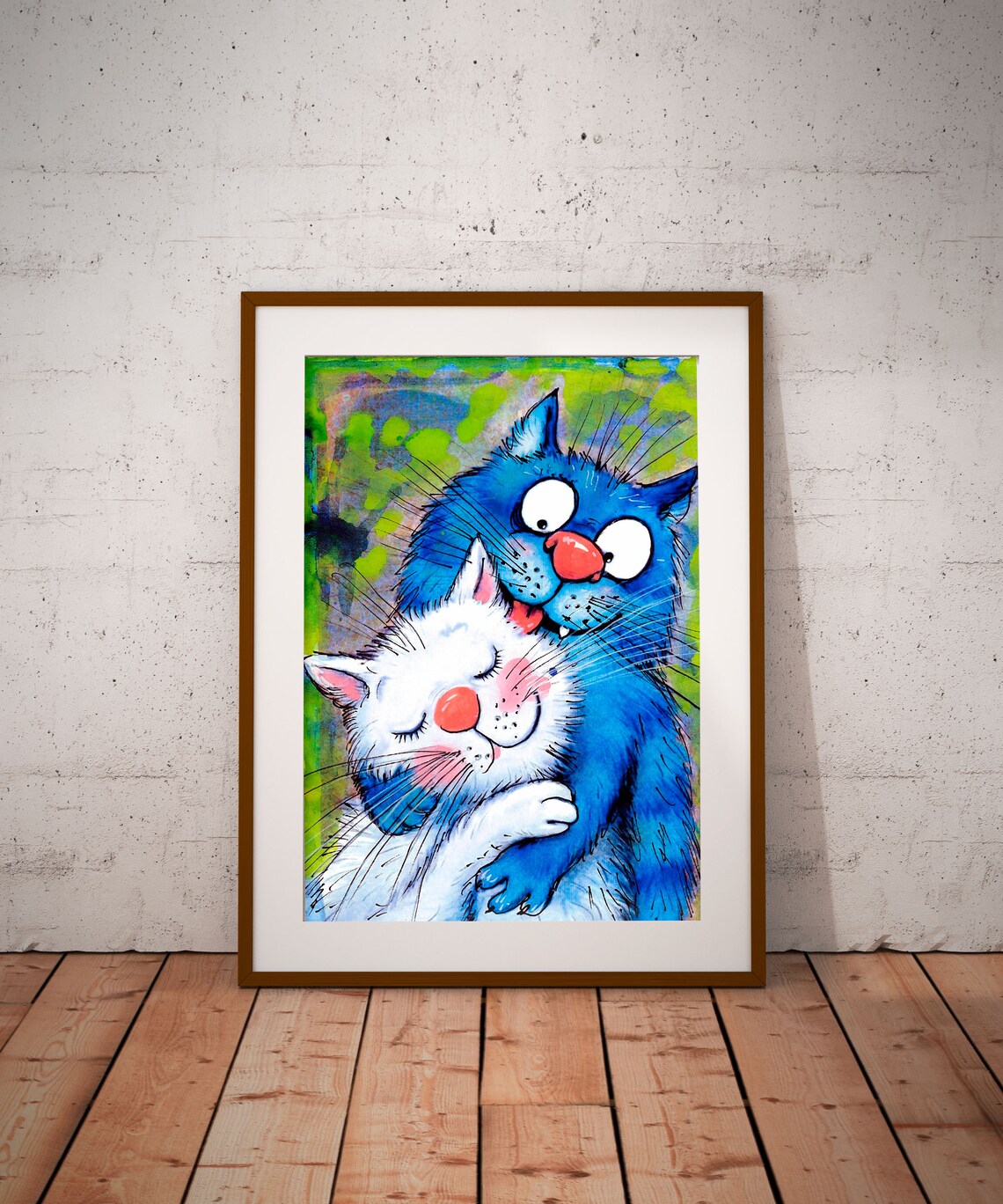 Funny Blue Cartoon Cat Hugging White Cat Cute Animal Love Art Poster