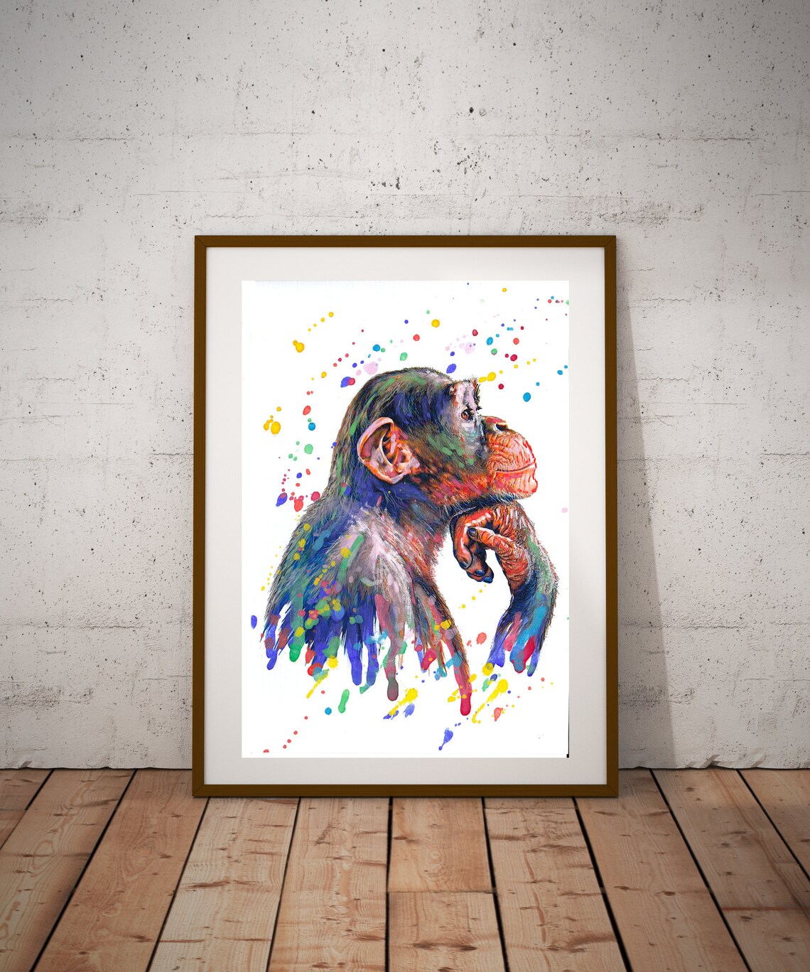 Thinking Chimpanzee Portrait Colorful Watercolor Splash Poster