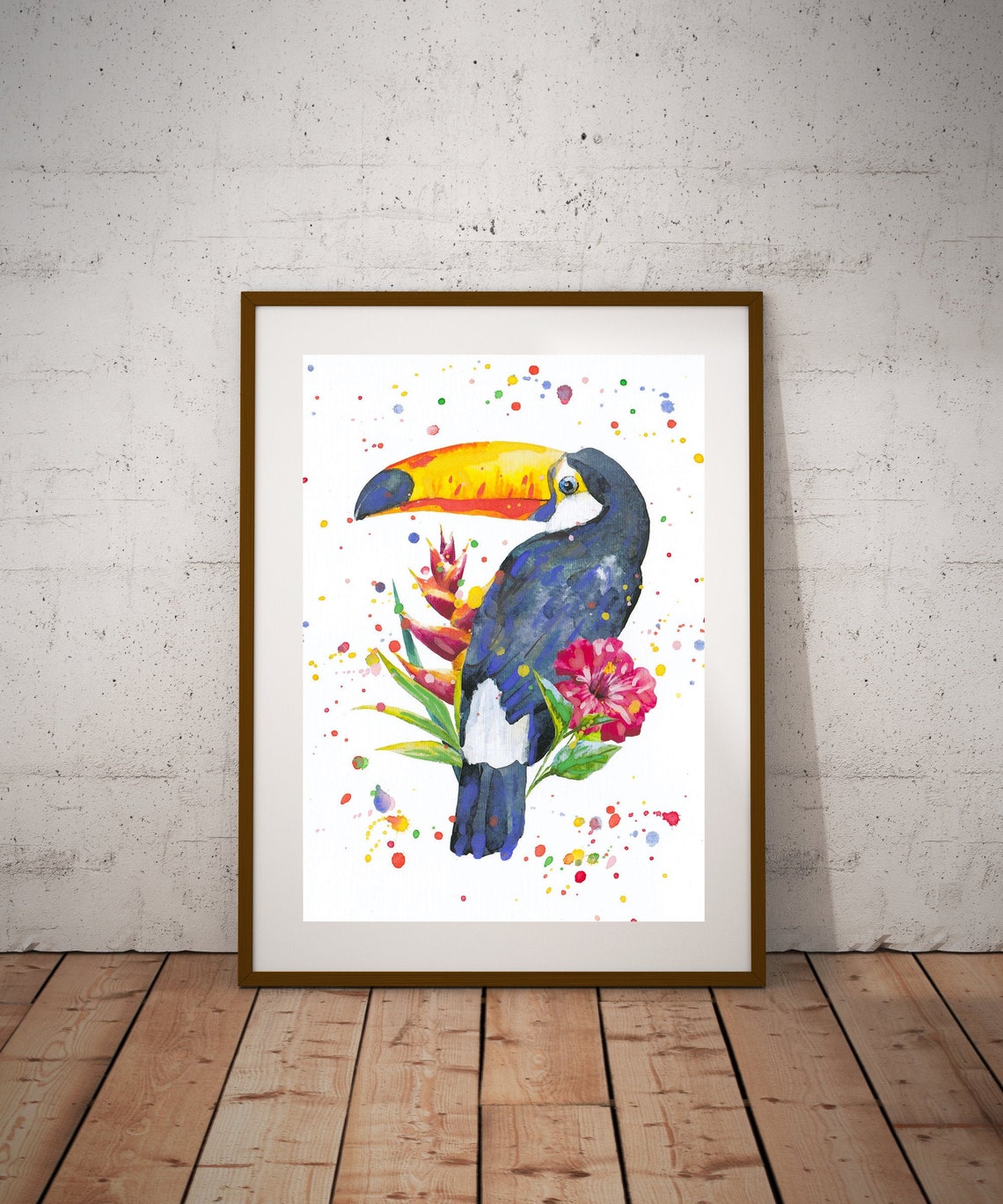 Toucan Watercolor Splash Tropical Bird Flowers Nature Art Poster