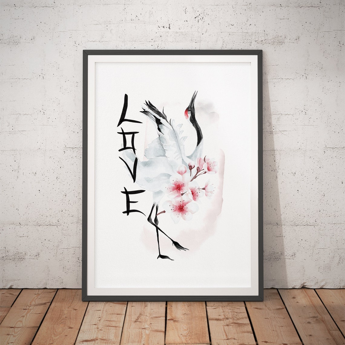 Crane with Cherry Blossoms and Love Calligraphy Japanese Poster