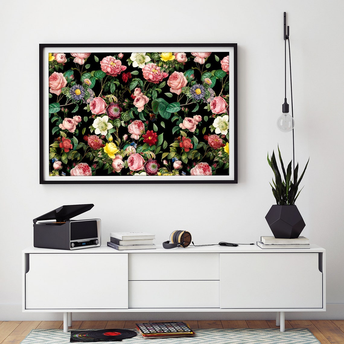 Vintage Pink Roses with Asters and Yellow Blooms on Black Poster - Image 2