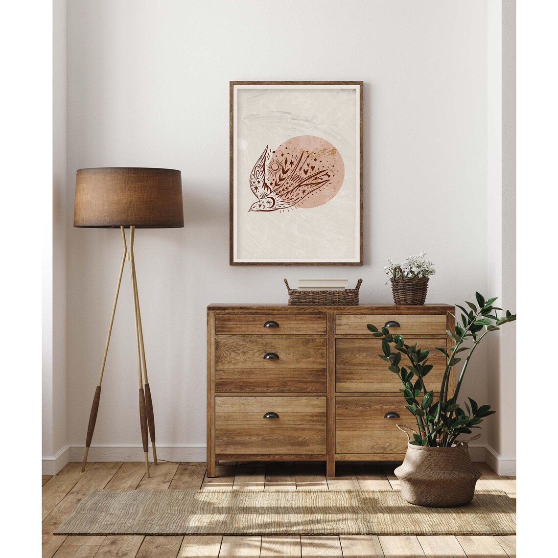 Terracotta Bird in Flight over Blush Sun Stars Poster for Modern Home Decor - Image 2