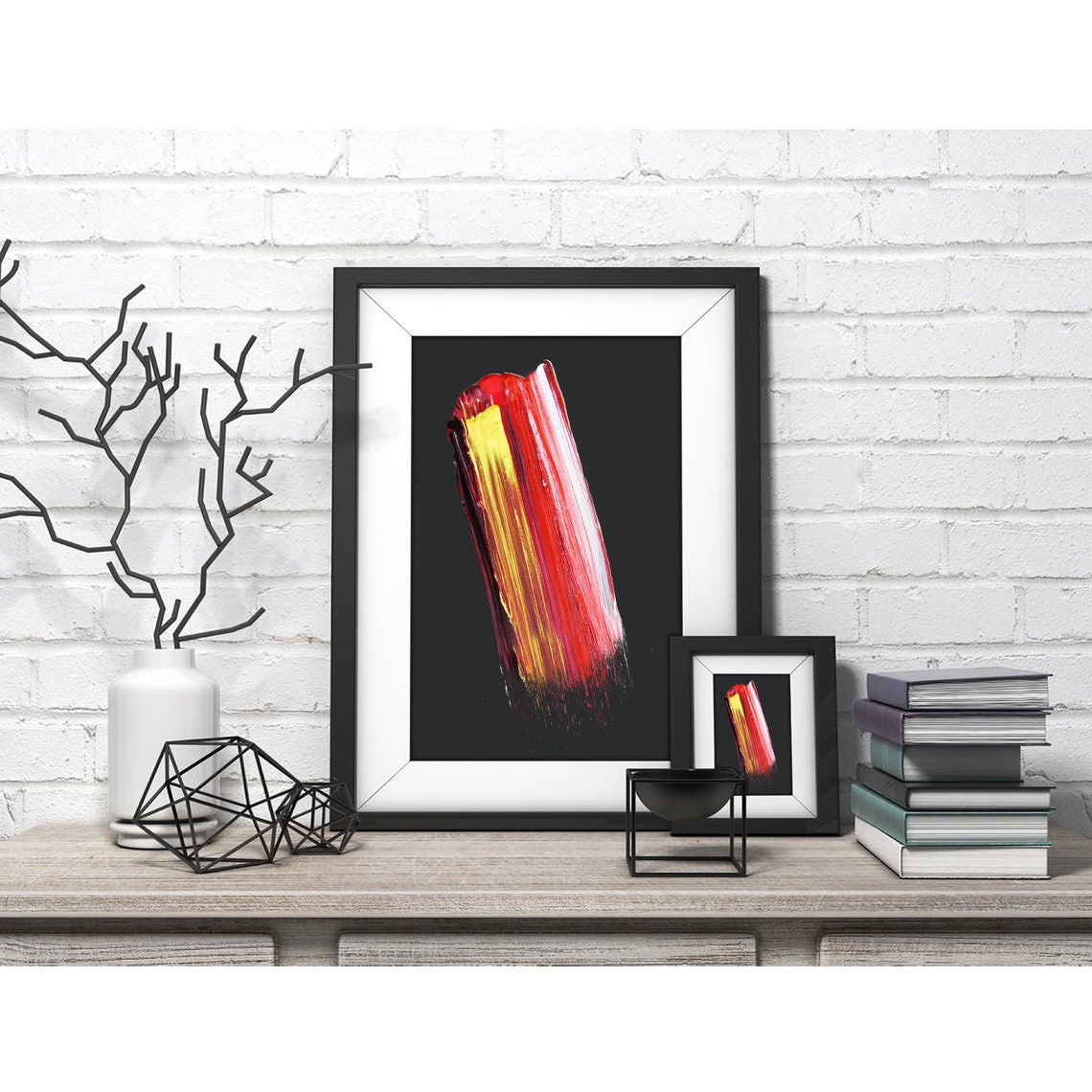 Fiery Red and Gold Vertical Paint Stroke Abstract Art on Black Poster - Image 4